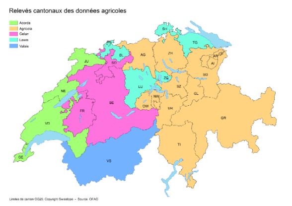 Le système cantonal Acorda englobe les cantons de Genève, du Jura, de Neuchâtel et de Vaud ; le système Agricola englobe les cantons d’Argovie, d’Appenzell Rhodes-Extérieures, d’Appenzell Rhodes-Intérieures, des Grisons, de Nidwald, d’Obwald, de St-Gall, du Tessin et de Zurich ; le système cantonal LAWIS englobe les cantons de Bâle-Campagne, de Bâle-Ville, de Lucerne, de Schaffhouse, de Thurgovie et de Zoug ; le canton du Valais dispose de son propre système.